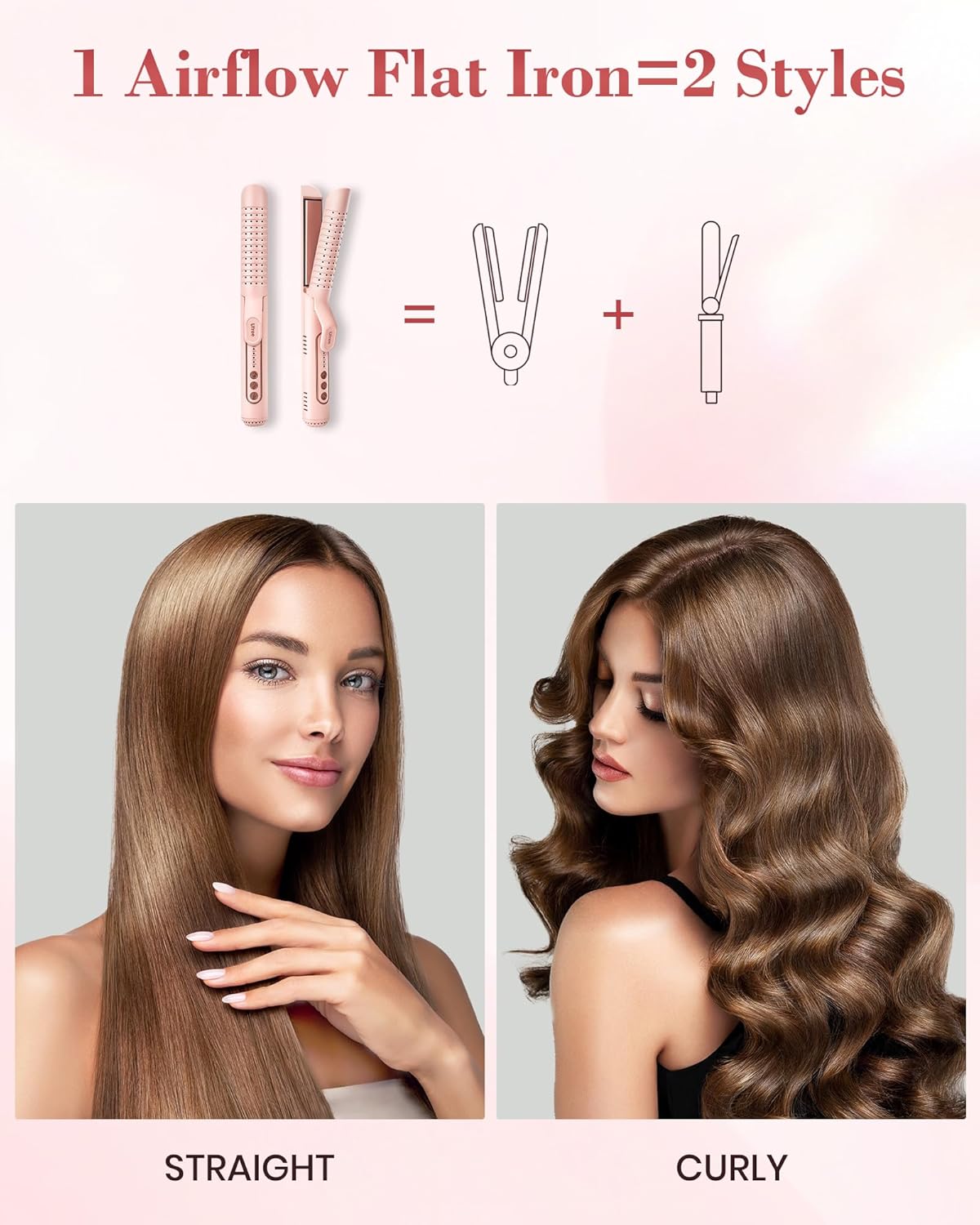 Trimyou:  Airflow Curling Iron, 360° Cool 2 in 1 Flat Iron Hair Straightener & Curler for Lasting Curls, 1.25 Inch Curling Wand, 5 Temps for Long & Short Hair, Women Gifts, Anti-Scald